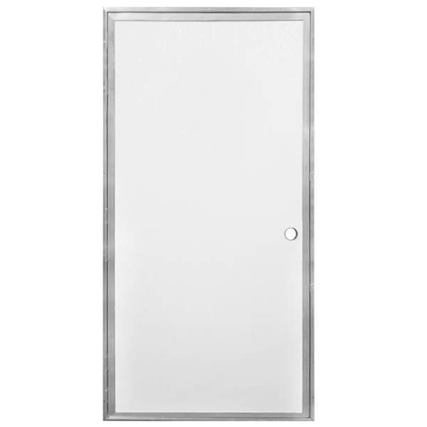 Silver-framed, rectangular shower door with a frosted glass panel and round doorknob on a white background.