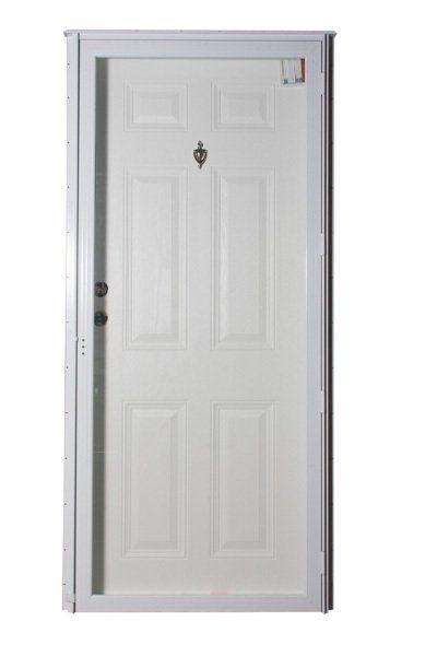 White front door with a white screen door frame. A door knocker is centered above the middle panel.