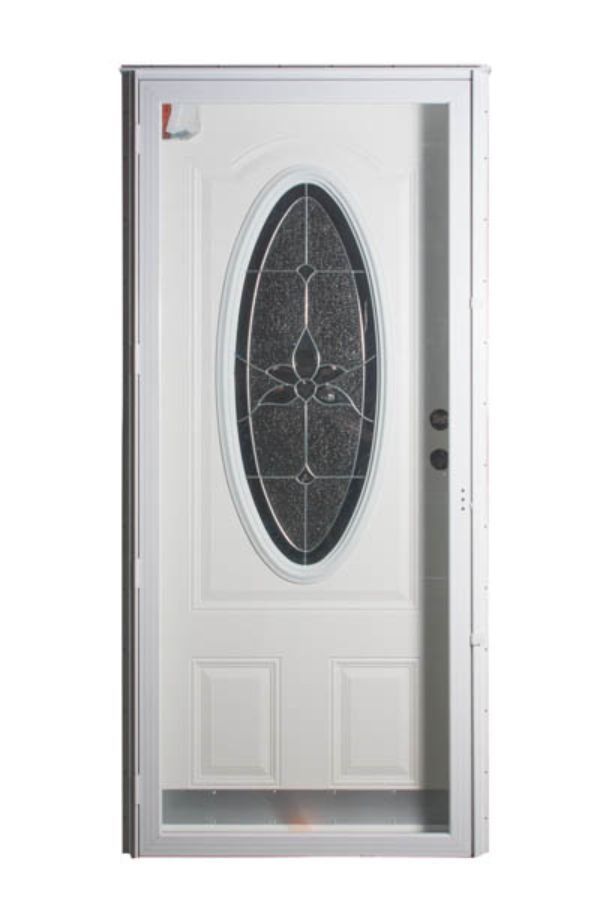 White door with oval stained glass window; silver frame.