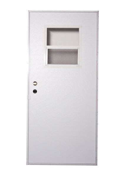 White metal door with small window panes.