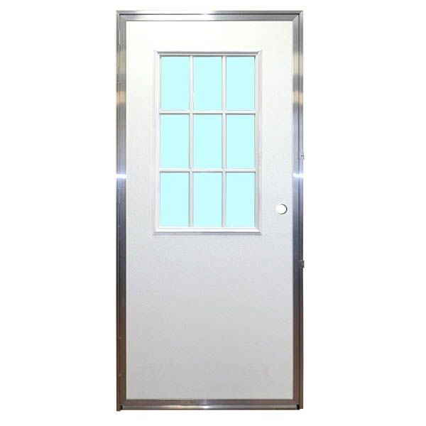 White door with nine-pane window, set in a silver frame.