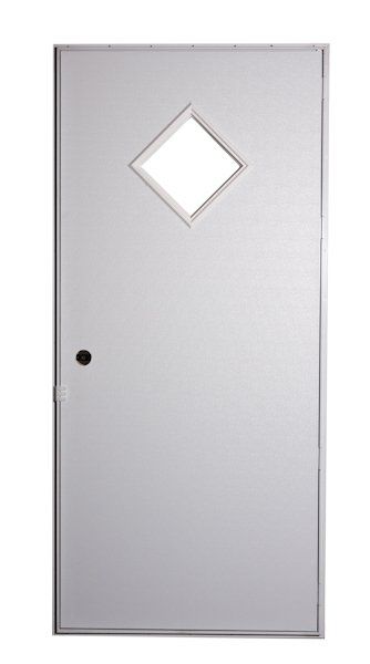 Gray door with a diamond-shaped window, black knob.