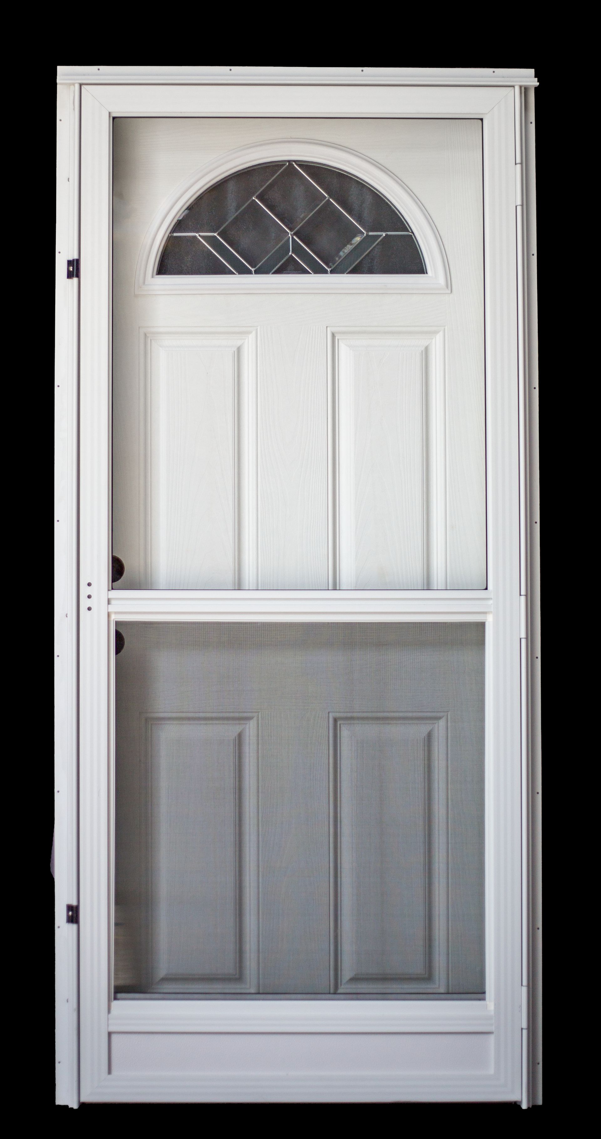 White screen door on a white front door. The screen door is open, revealing the door's details.
