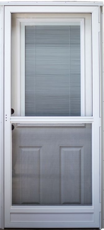 White screen door with a closed blind window.