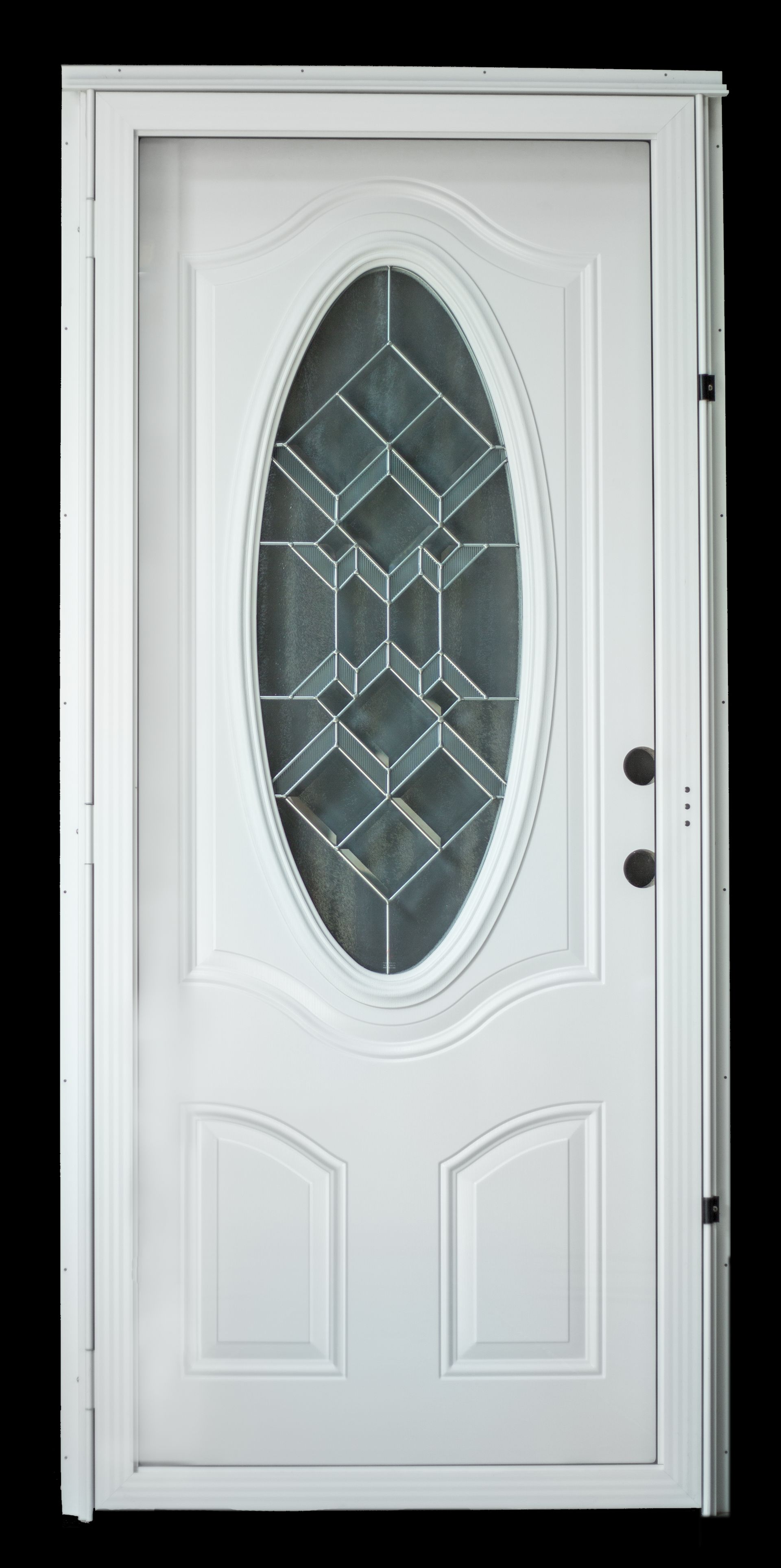White front door with oval glass window and decorative panels.