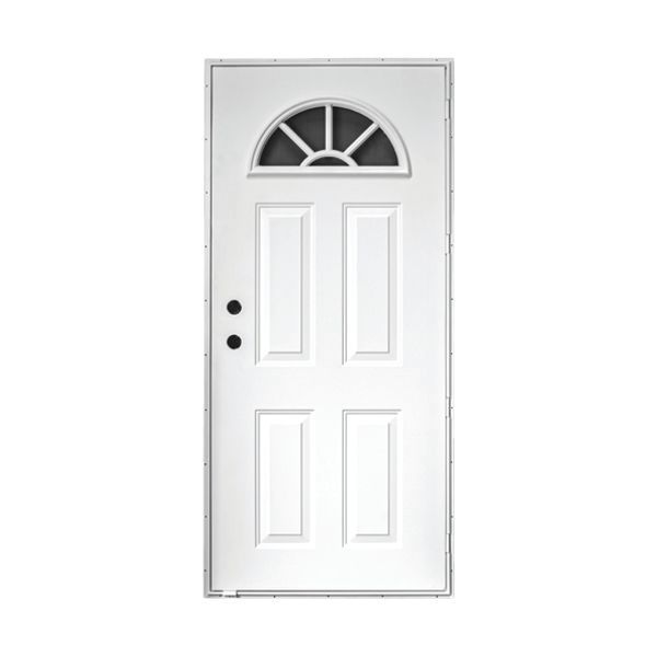 White front door with arched window, four panels, black hardware.