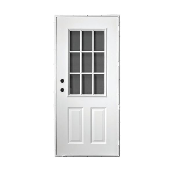 White exterior door with nine-pane glass window and two lower panels.