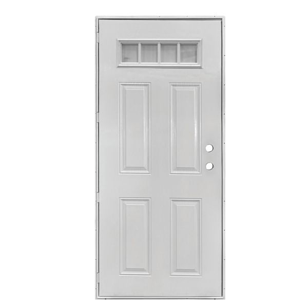 White exterior door with four panels and transom window.