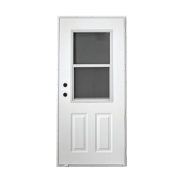 White exterior door with a window and two panel design.