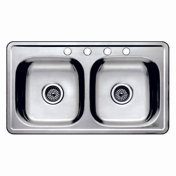 Stainless steel double kitchen sink with two basins and faucet holes.