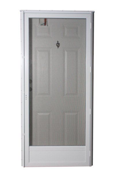 White screen door with a six-panel door visible behind the screen.