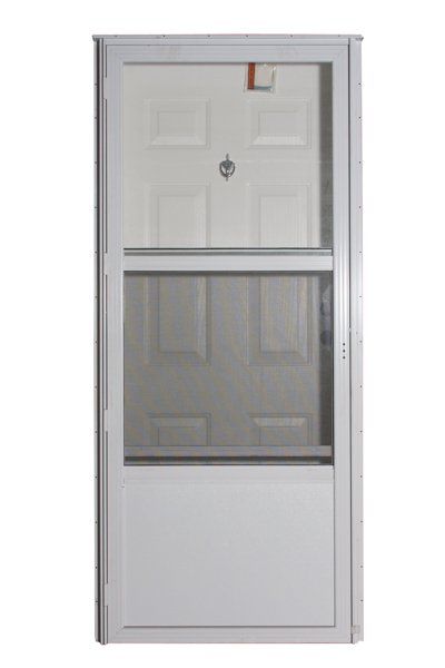 White aluminum screen door with upper glass and lower screen sections.