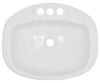 White oval bathroom sink with three faucet holes and one drain hole.