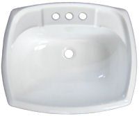 White ceramic bathroom sink with three faucet holes and a centered drain.