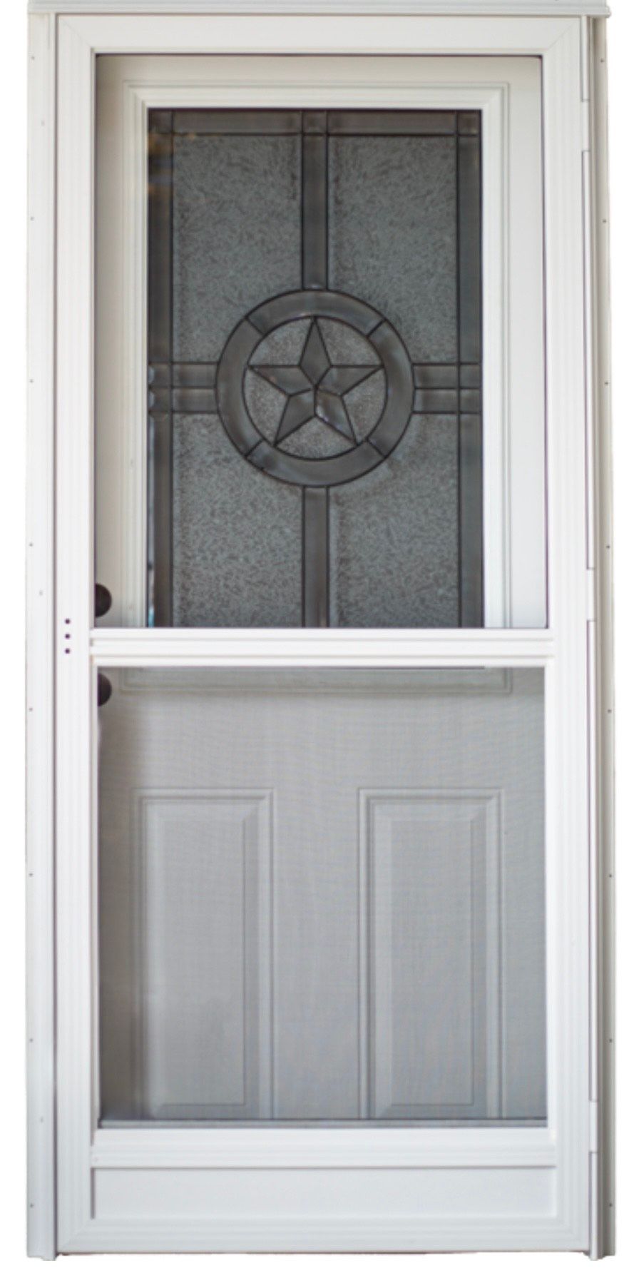 White screen door with a star design on the top portion, and a lower solid panel.