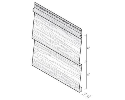 Isometric view of two overlapping, wood-grain patterned vinyl siding panels.
