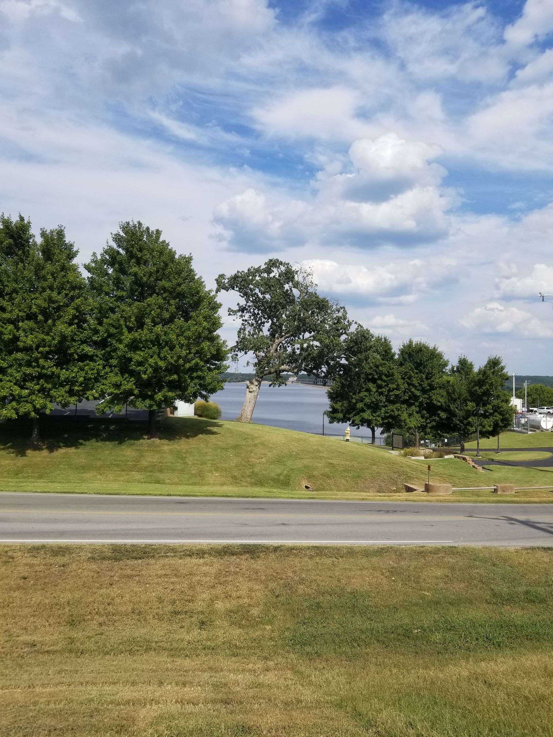 A road with trees on the side of it and a lake in the background