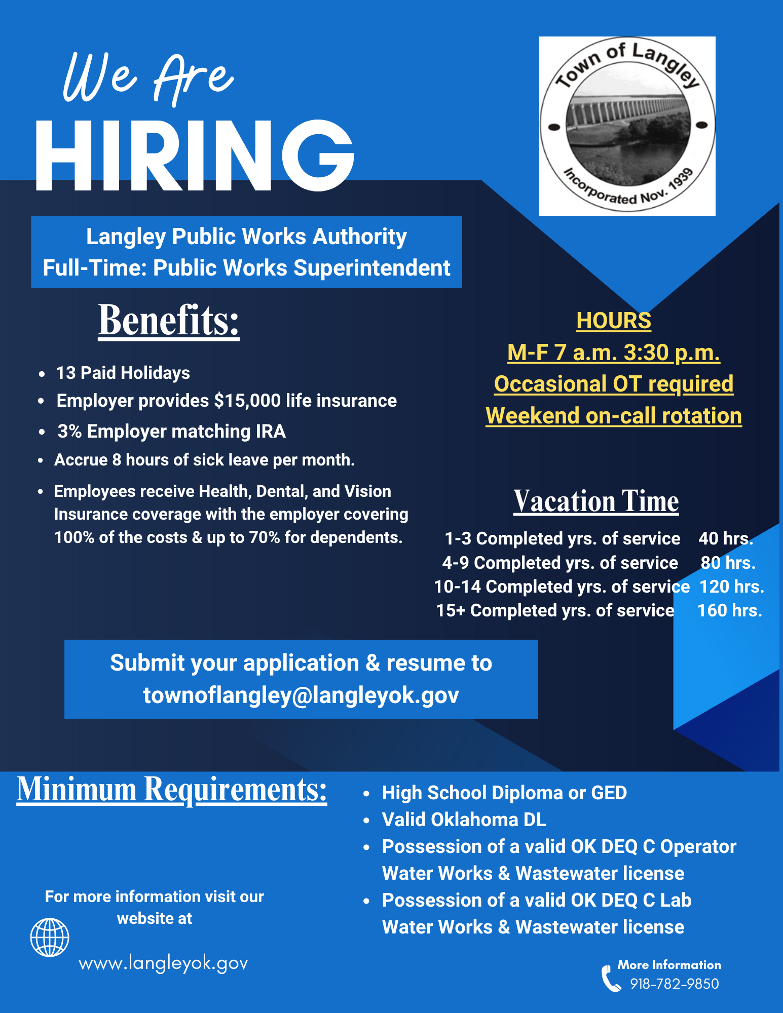 Blue hiring flyer for Lafayette Public Works Superintendent with benefits, requirements, and application details