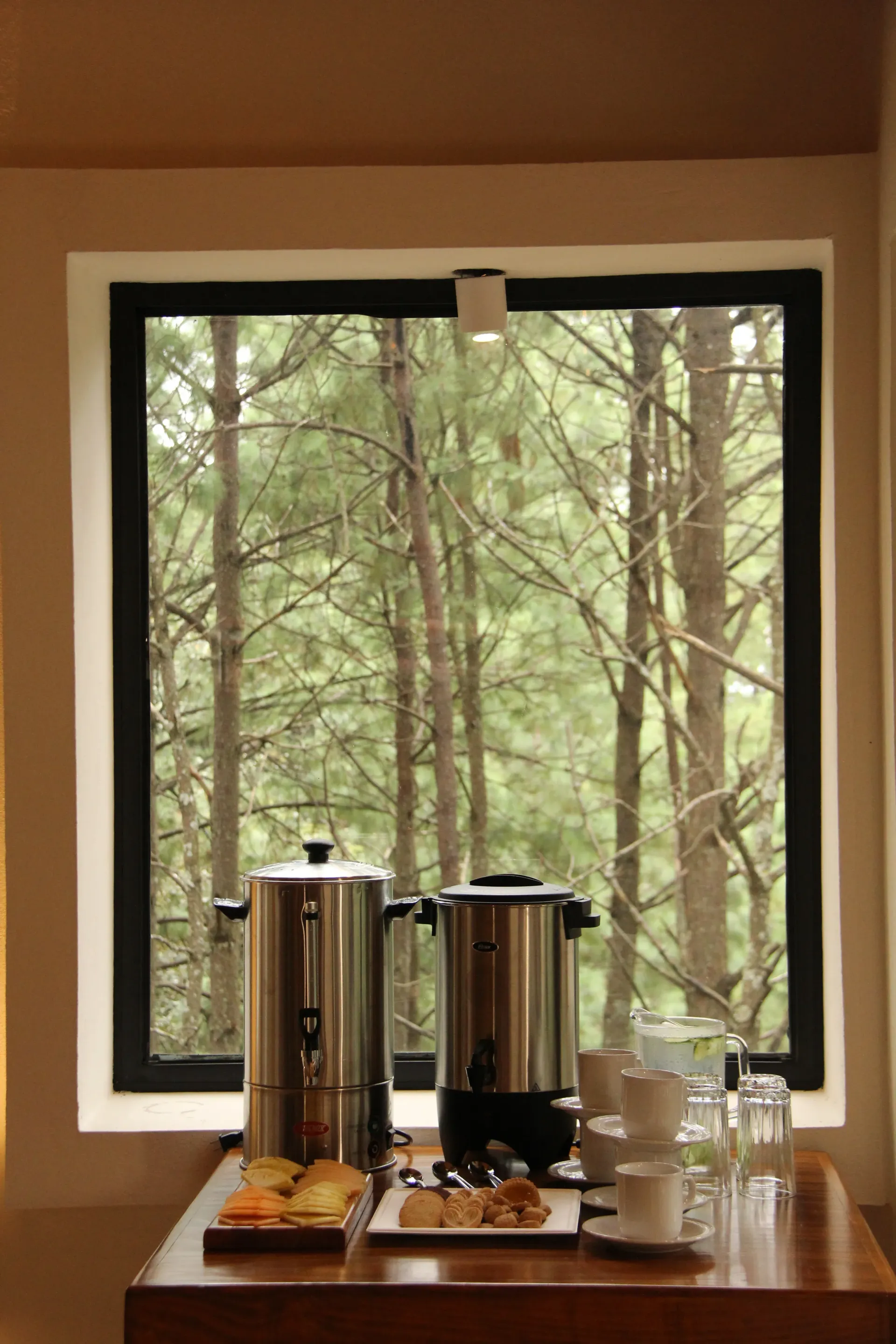 Cafeteras y tazas sobre una mesa de madera junto a una ventana con vistas a los árboles.