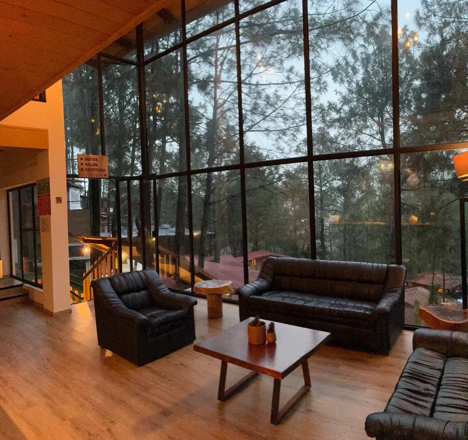 Acogedor salón moderno con sofás oscuros, mesa de madera y ventanales que van del suelo al techo con vistas al bosque.