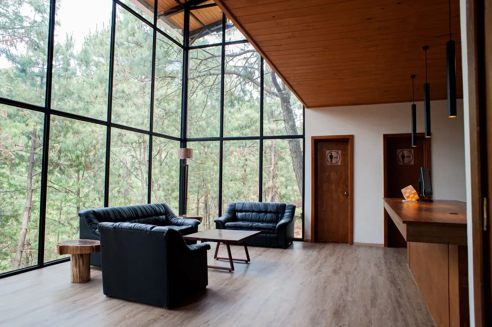 Sala de estar moderna con asientos negros, suelo de madera y ventanales que van del suelo al techo con vistas a los árboles.