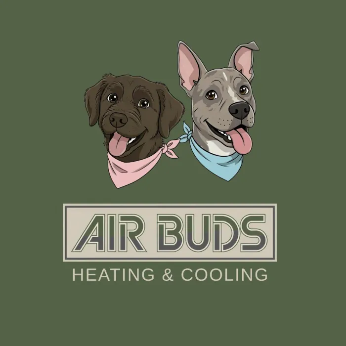 Logo with two dogs above the words “AIR BUDS” and “HEATING & COOLING” on an olive-green background