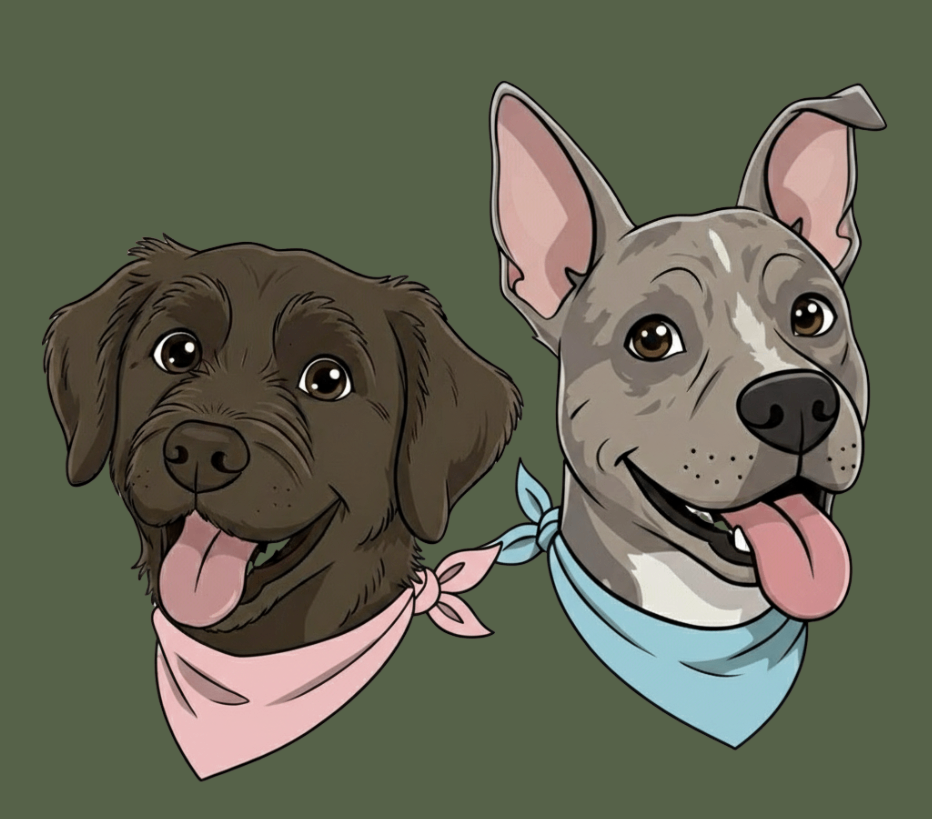 Two smiling dogs wearing pink and blue bandanas on a plain background