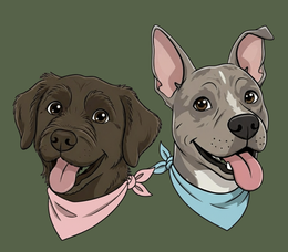 Two smiling dogs wearing pink and blue bandanas on a plain background