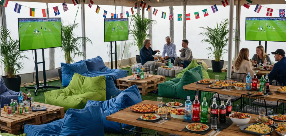 A bright, tented event space with beanbag seating, wooden pallet tables, TVs showing sports, and hanging flags.