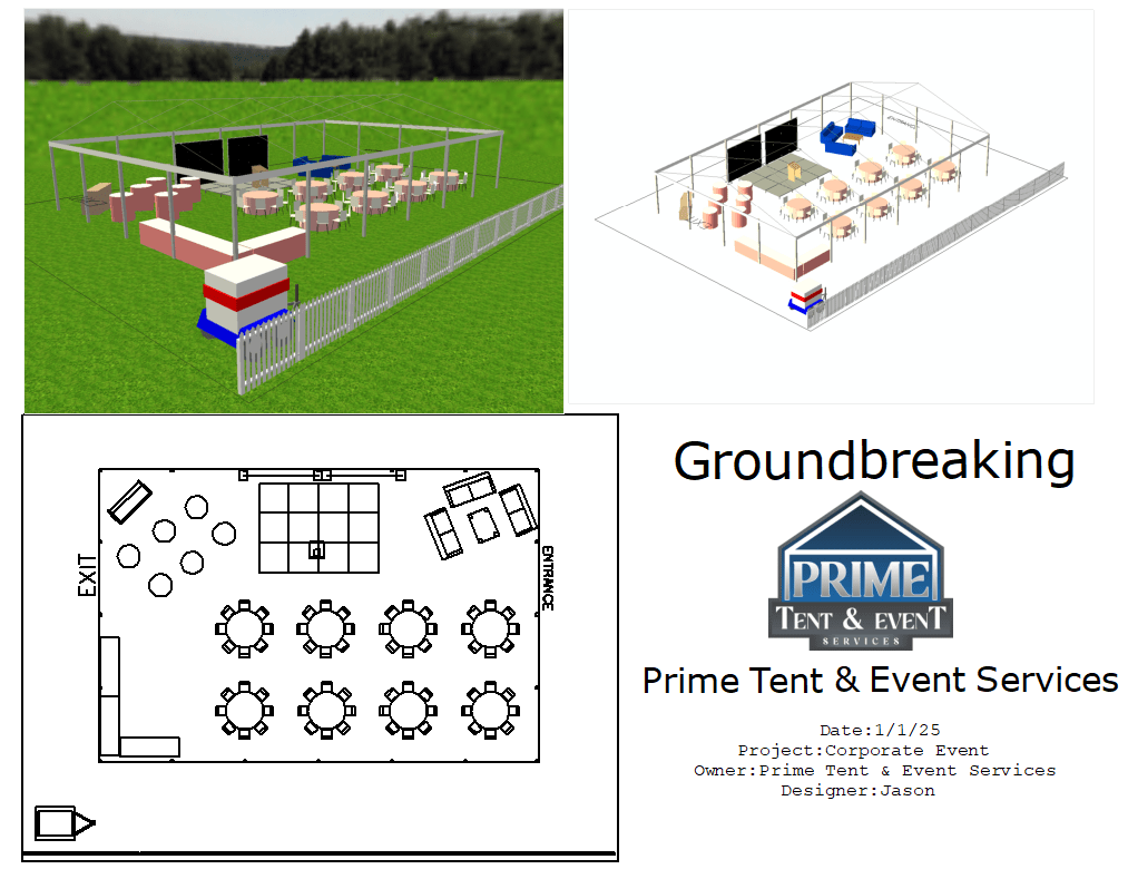 Groundbreaking event layout: renderings of tent structure and floor plan with tables, seating, and stage by Prime Tent & Event Services.