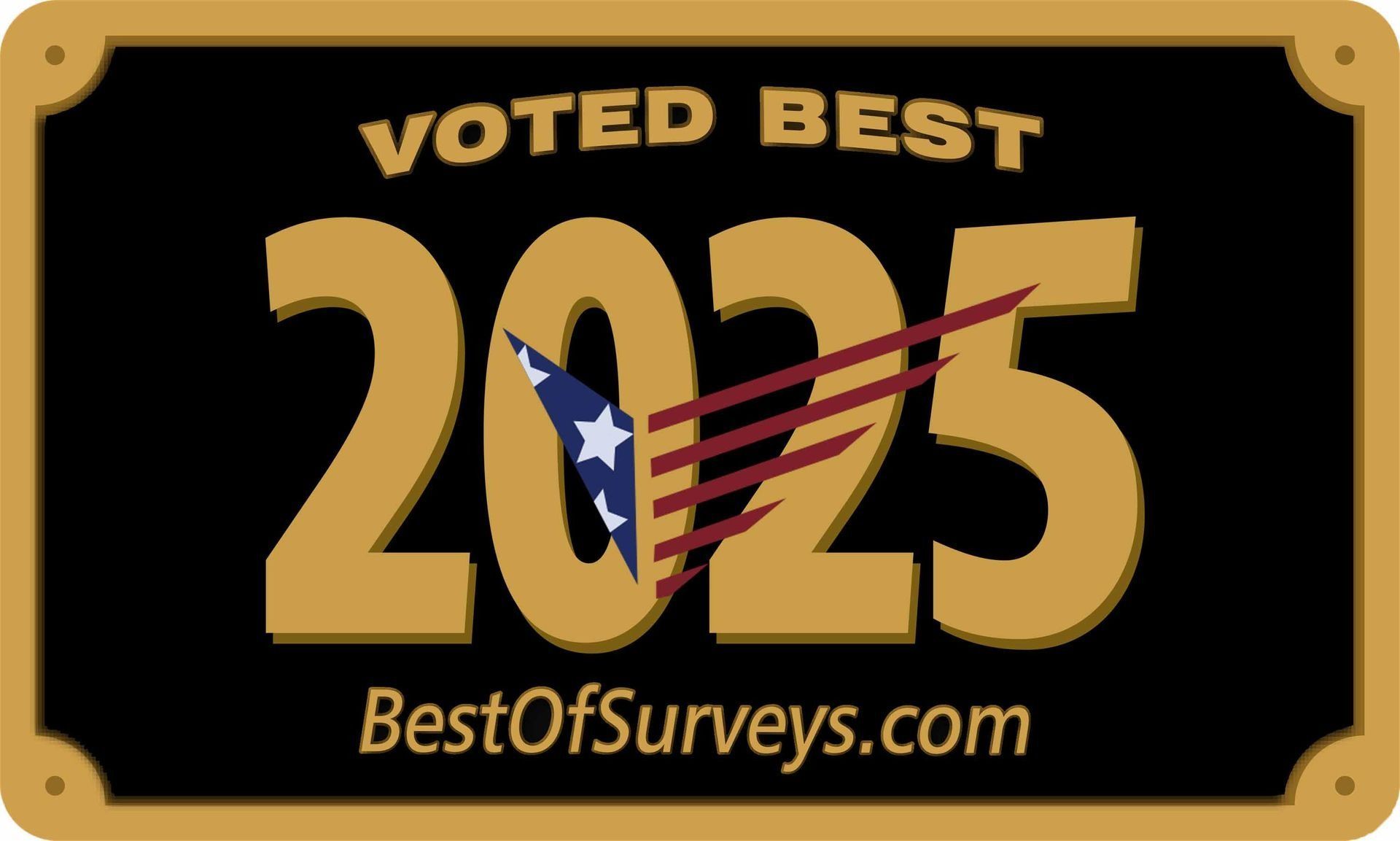 Gold “Voted Best 2025” badge on black with “BestOfSurveys.com” and a small U.S. flag graphic