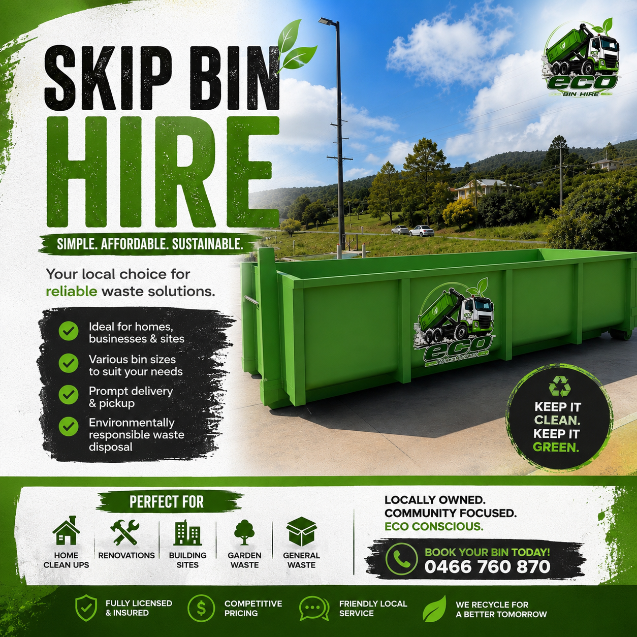 Green Skip Bin Hire Advertisement With Large Bin — Eco Skips In Midge Point, QLD