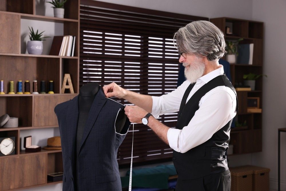A tailor measuring a navy suit jacket in a workshop with wooden shelves and blinds.