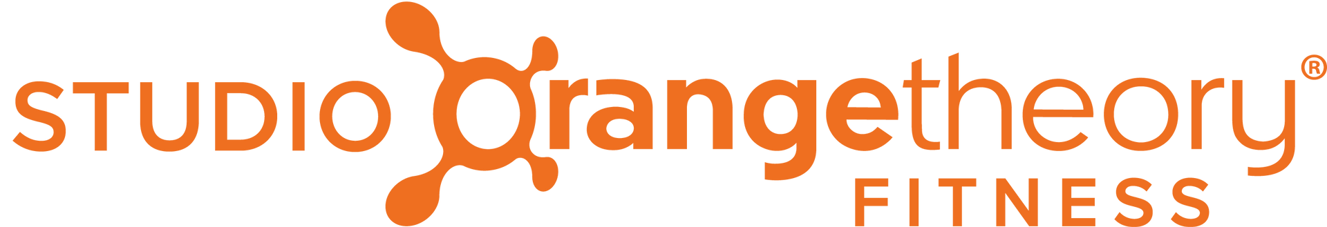 Logo du studio Orangetheory Fitness. Texte orange et blanc avec un motif atomique stylisé orange.