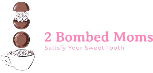 chocolate gift baskets Hamilton and Charcuterie boards Logo for “2 Bombed Moms” with pink text and stacked chocolate dessert icons above the tagline “Satisfy Your Sweet Tooth”