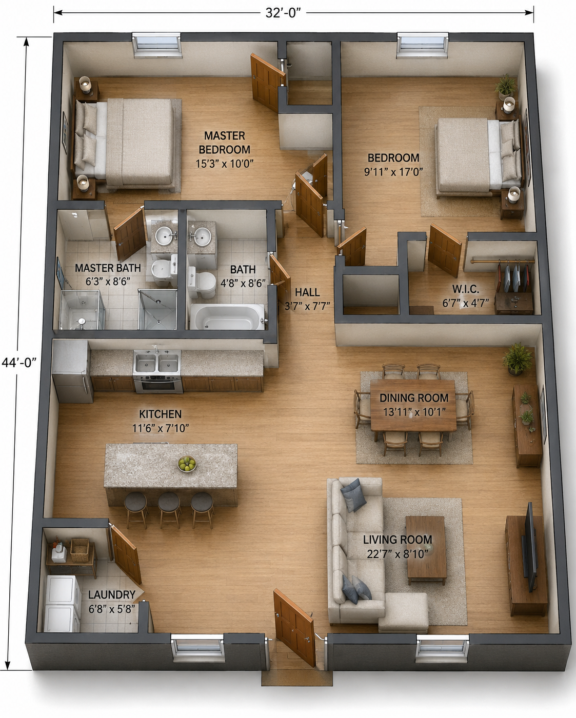 Top-down floor plan of a small apartment with bedroom, bathroom, kitchen, living room, and balcony.