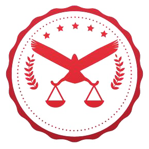 A red and white emblem with a bird and scales of justice.