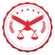 A red and white emblem with a bird and scales of justice.