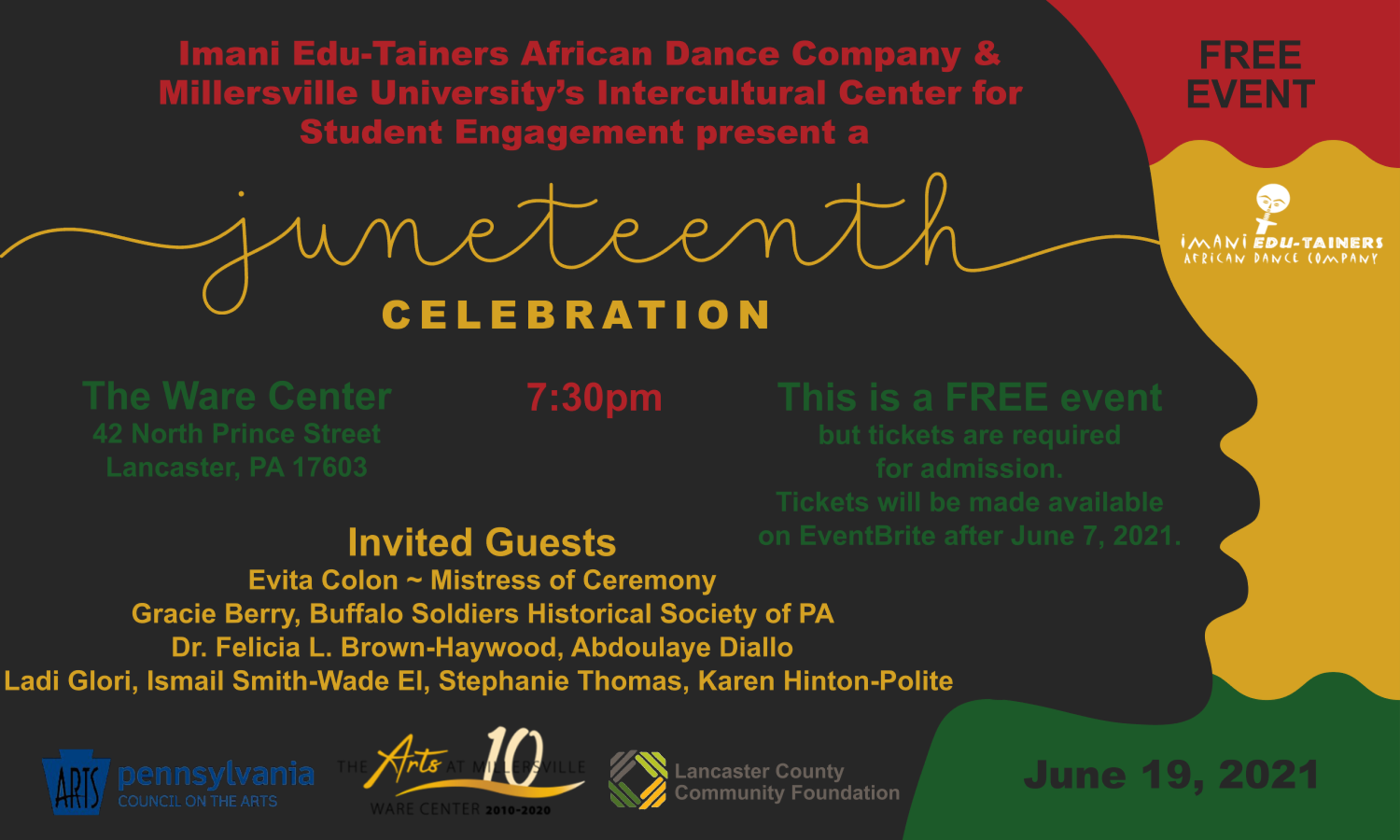 Juneteenth celebration flyer: Silhouettes, event details (time, location), speakers, and logos.