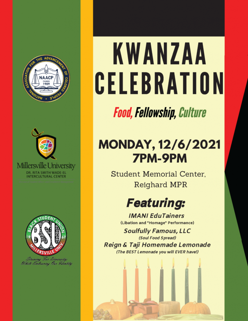 Flyer for a Kwanzaa celebration on December 6, 2021 at the Student Memorial Center, featuring food, fellowship, and culture.