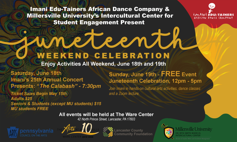 Juneteenth weekend celebration poster. Imani Edu-Tainers concert, Millersville University, events at Ware Center, Lancaster.