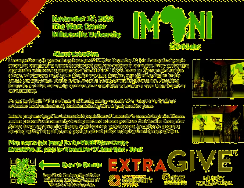 Flyer for IMANI event at Millersville University. Features text, QR code, and performance photos.