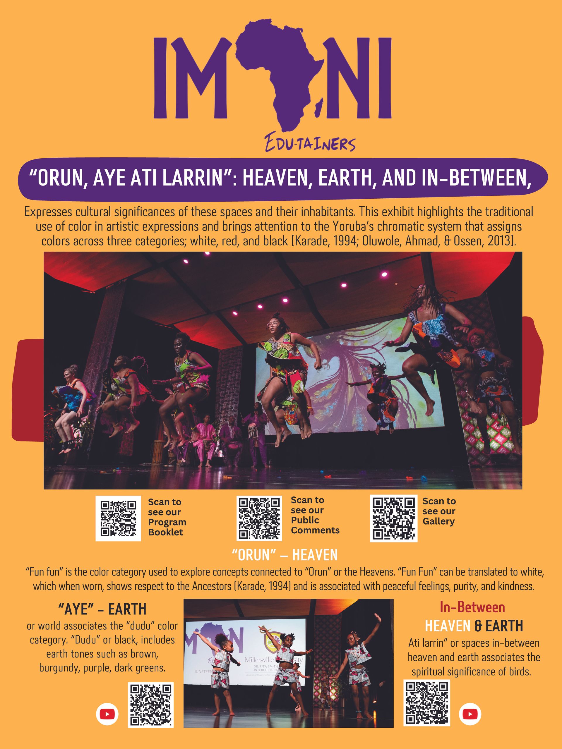 Poster for IMONI event, with performers on stage in colorful costumes. Includes QR codes and text about the show.