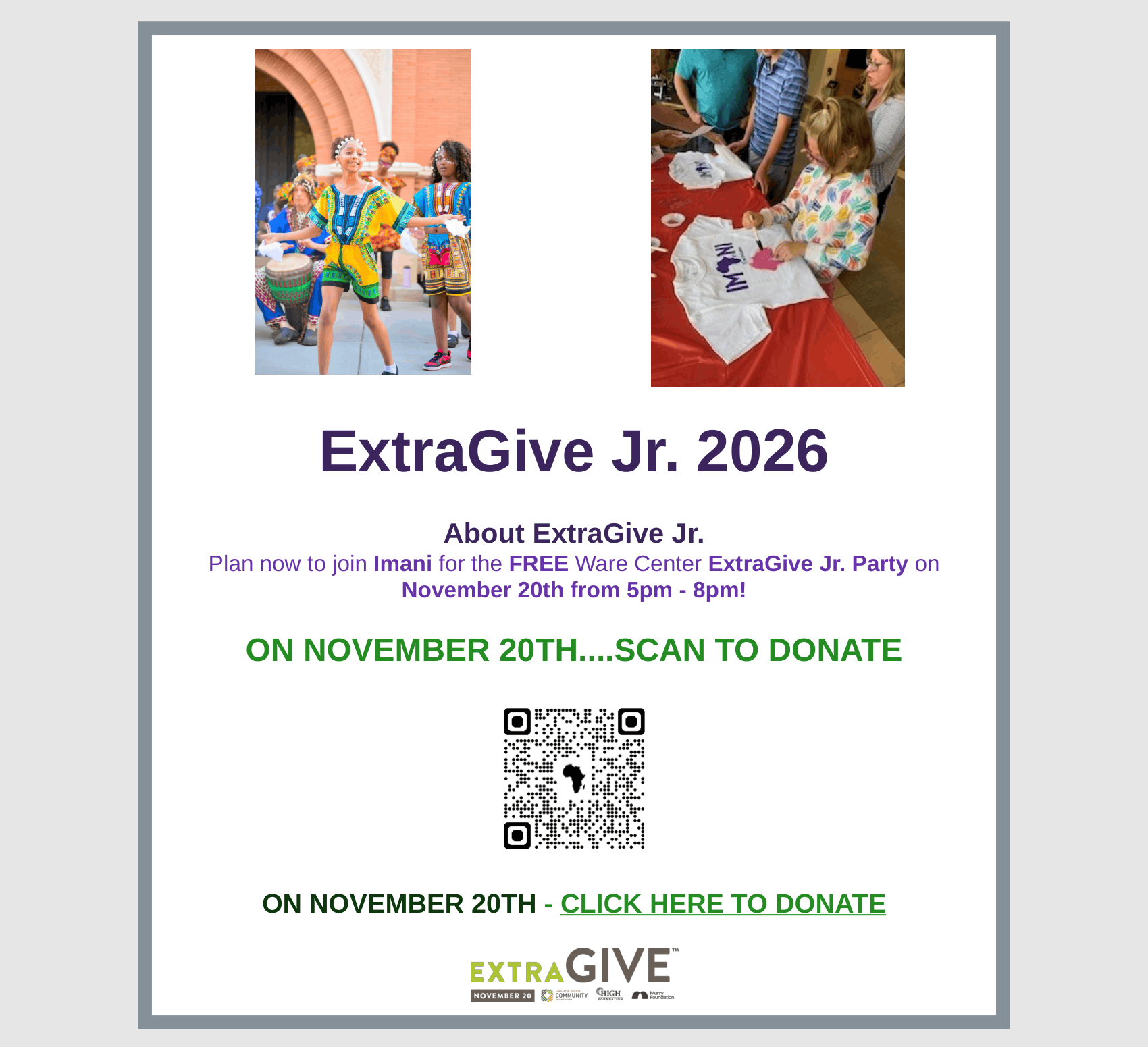 ExtraGive Jr. 2026 flyer with colorful child artwork, event details, QR code, and Contact Contact logo.