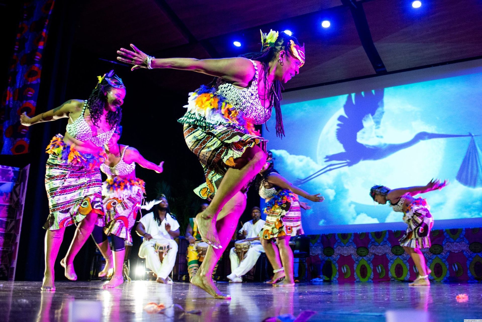Dancers in colorful costumes perform on stage, silhouetted projection in background.