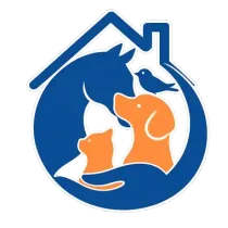 Blue and orange logo of a house with a cat, dog, bird, and small pet inside a circular outline