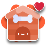 Brown dog house icon with white bone, orange background, and red heart badge