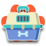 Blue pet carrier with tan top, teal handle, orange accents, and white bone icon