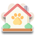 Pet house icon with a red roof, orange paw print, and green bushes