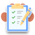 Clipboard checklist with green checkmarks and a yellow pencil on a blue clipboard.